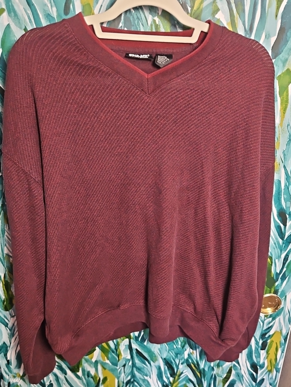 Vintage Ping Men's V-Neck Sweater in Burgundy Ping Logo On Sleeve - Size L